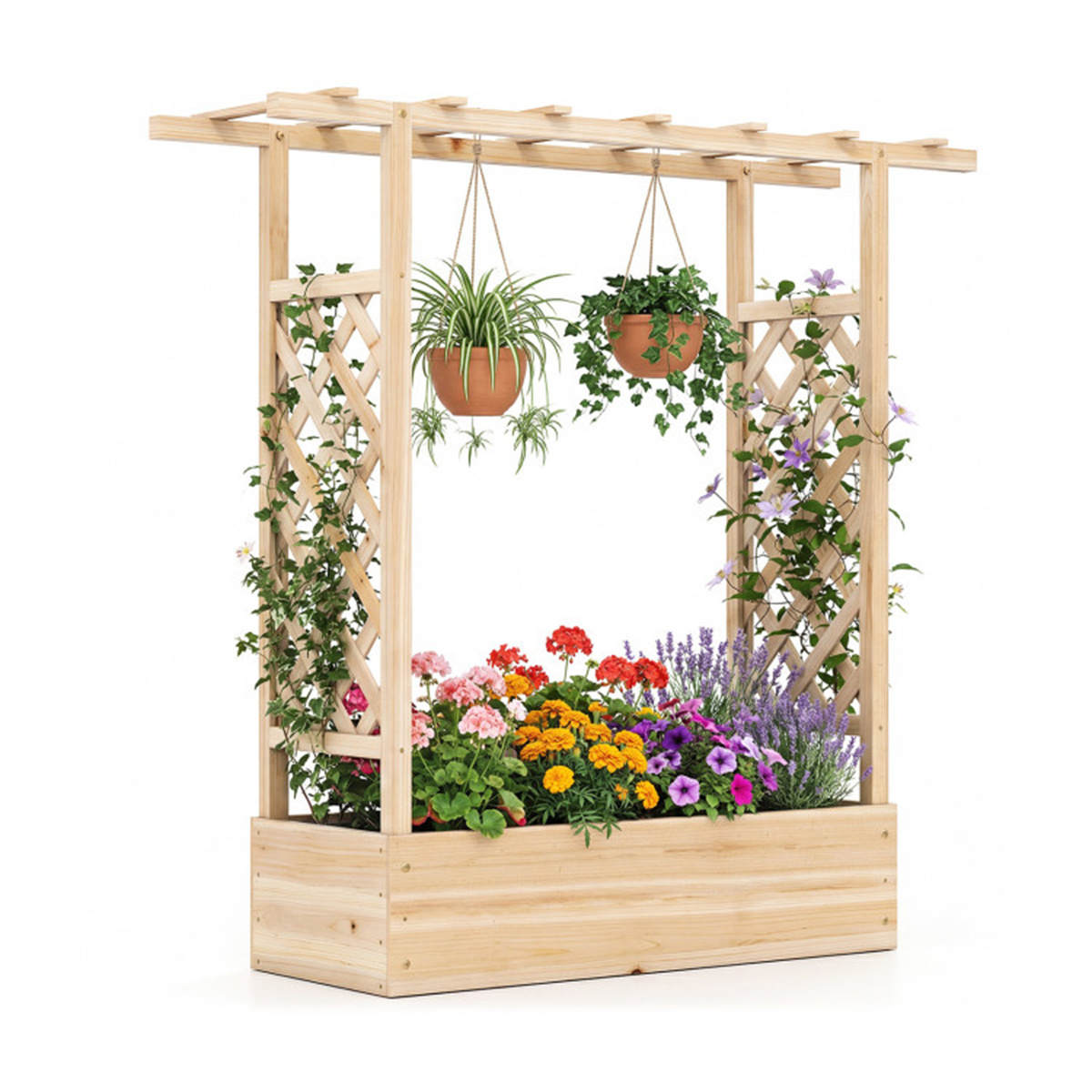 Raised Bed Planter Box - Kotak Tanaman Kayu Fir dengan Teralis